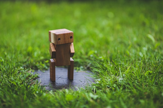 Image d'un robot en bois sur une pelouse